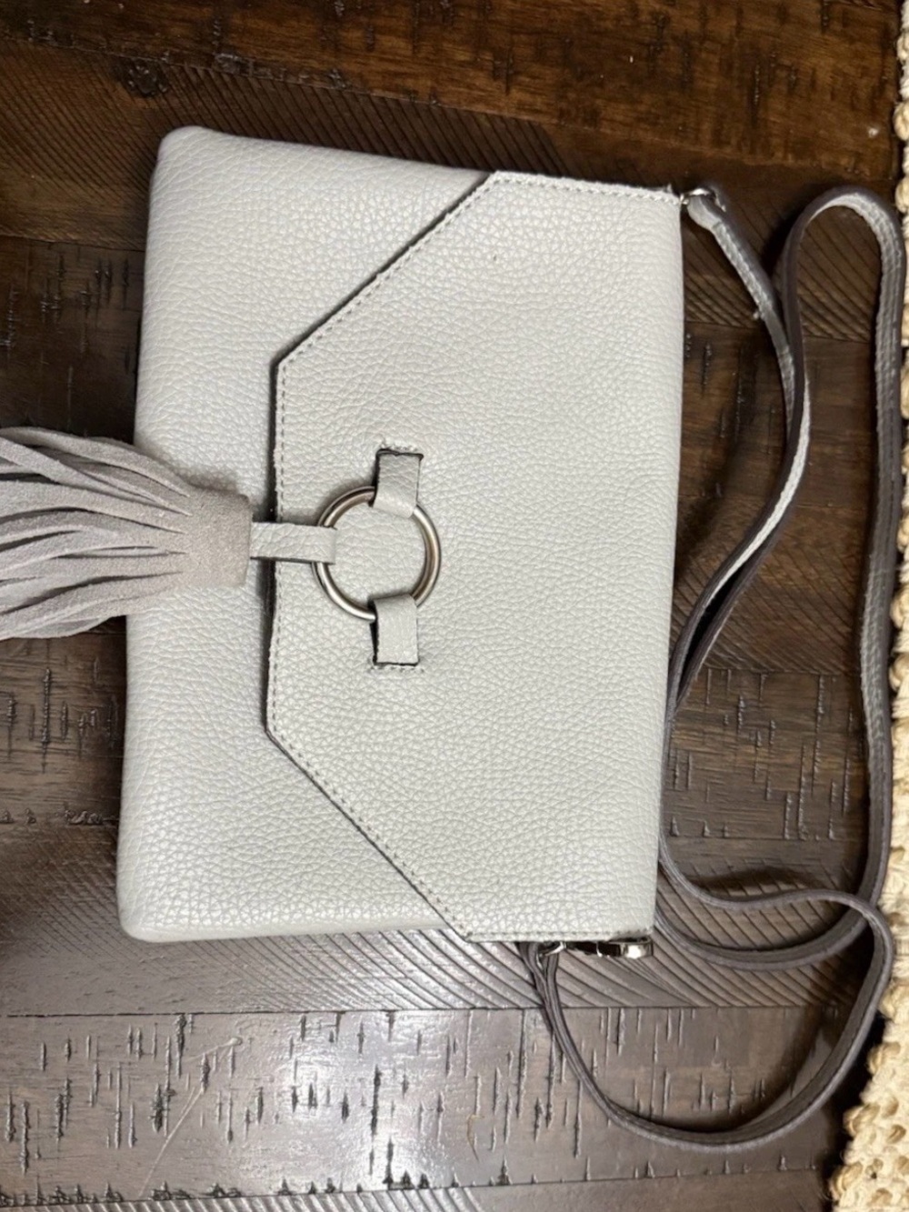 Leather Crossbody Bag with Tassel - Light Gray